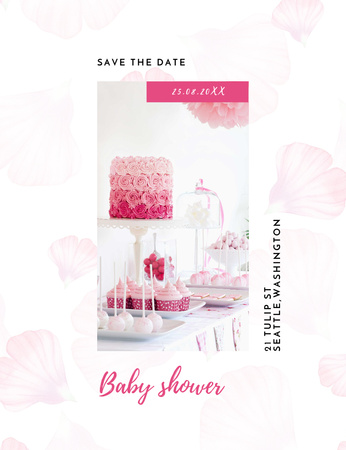 Designvorlage babydusche-ankündigung mit rosa kuchen und blumen für Invitation 13.9x10.7cm