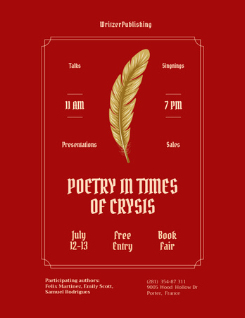 Engrossing Book Fest Event Announcement With Feather Poster 8.5x11in – шаблон для дизайну