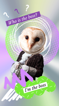 Funny Illustration of Man in Vintage Costume with Owl Head Instagram Story Modelo de Design