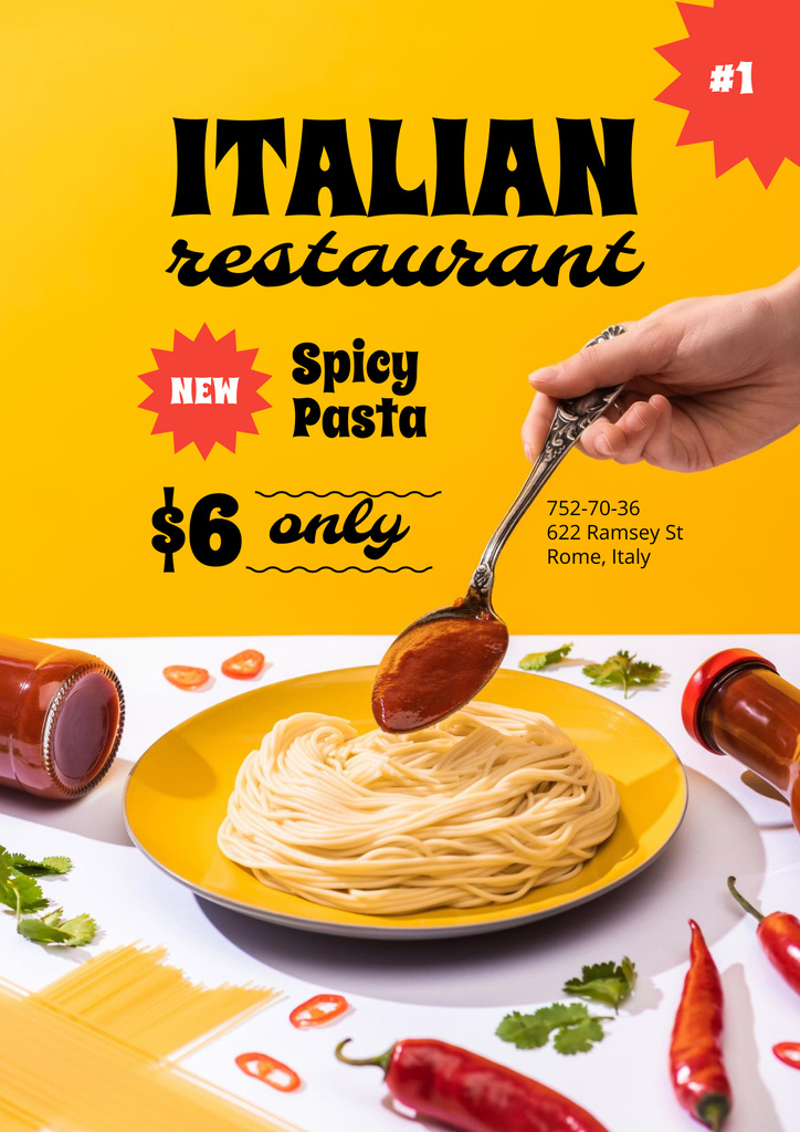 Spicy Pasta in Italian Restaurant Offer Poster Design Template