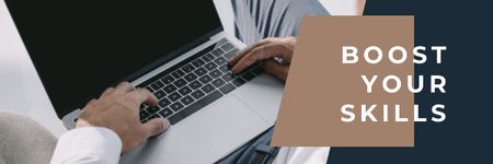 Designvorlage Produktivitätstipps mit tippenden Händen auf dem Laptop für Email header