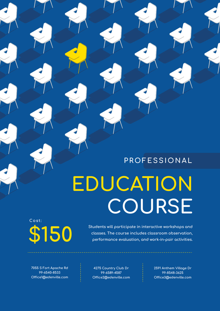 Educational Course Ad with Desks in Rows Poster tervezősablon
