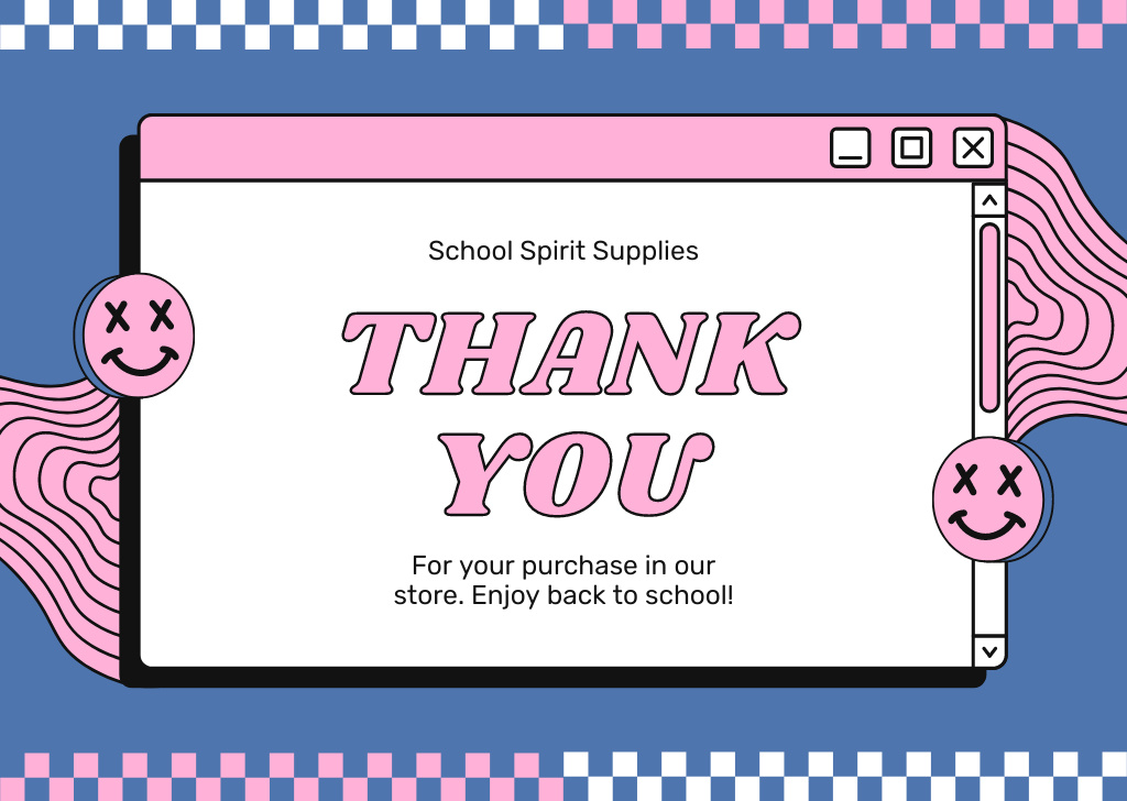 School Supplies Offer with Pink Emoticons Card Modelo de Design