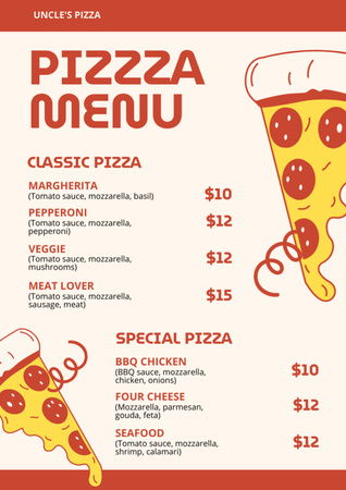 Designvorlage Prices for Classic and Special Pizza für Menu
