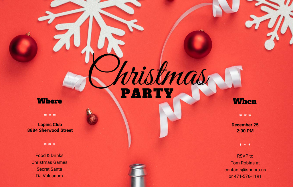 Extravagant Christmas Party Announcement With Bottle And Decorations Invitation 4.6x7.2in Horizontal tervezősablon
