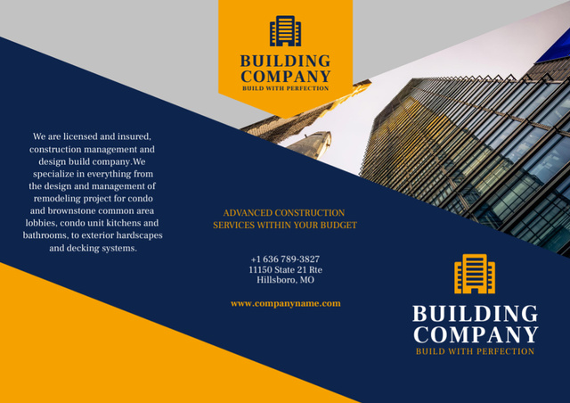 Building Company Ad with Skyscrapers Brochure Modelo de Design