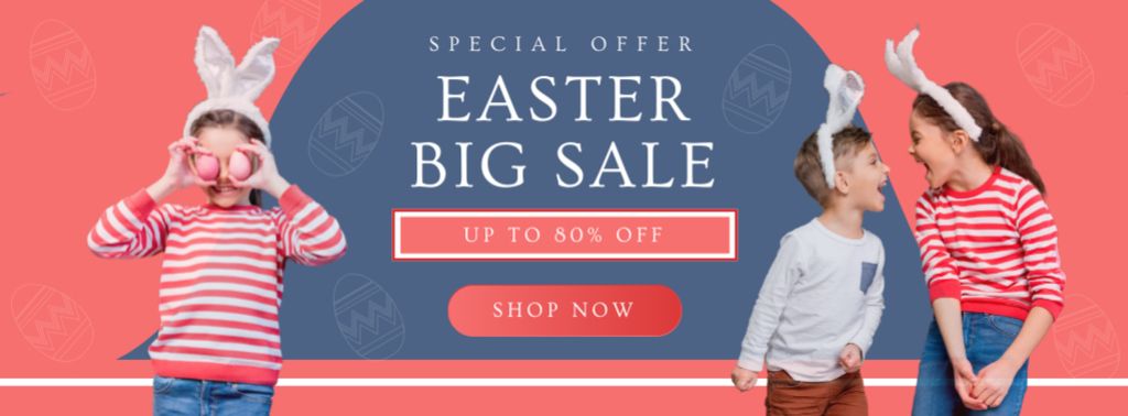 Easter Sale Offer with Cheerful Kids in Rabbit Ears Facebook cover Design Template