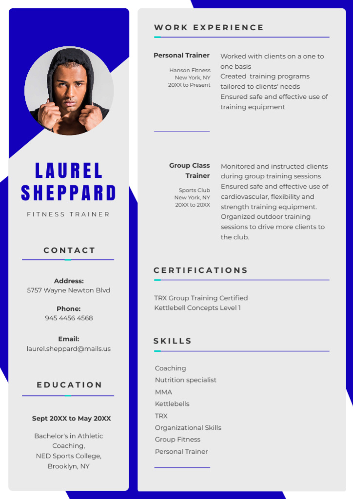 Fitness trainer professional skills and experience Resume Modelo de Design