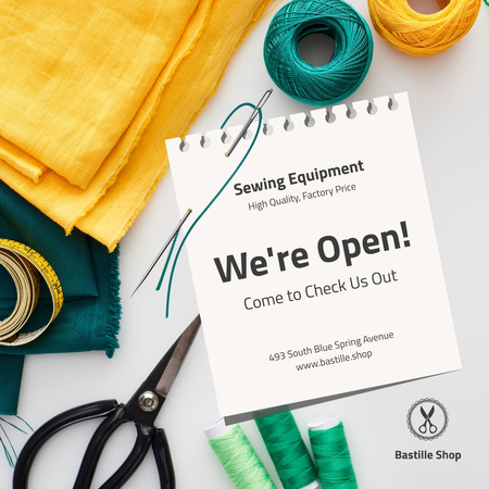 Sewing Equipment Ad with threads and fabrics Instagram Design Template