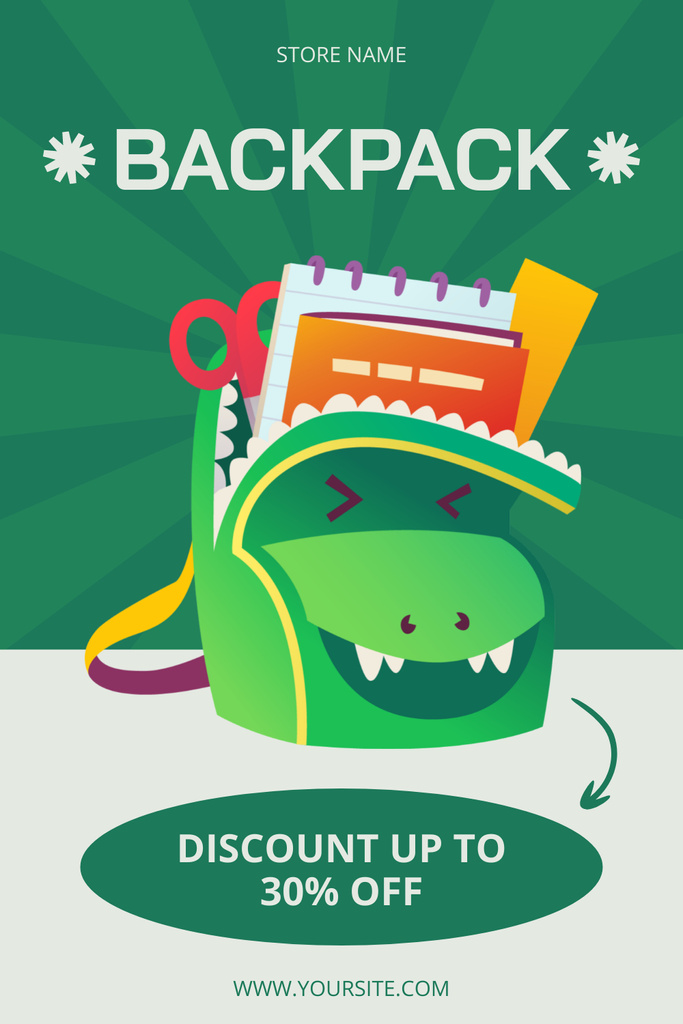Ontwerpsjabloon van Pinterest van Cartoon Character Backpack Discount Announcement