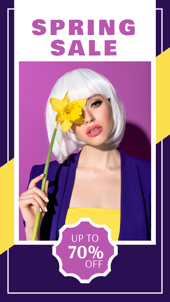 Szablon projektu Spring Sale with Blonde Woman with Yellow Daffodil Instagram Story