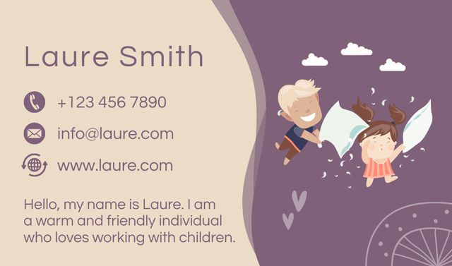 Babysitting Services Ad with Kids Playing Pillow Fight Business card Πρότυπο σχεδίασης