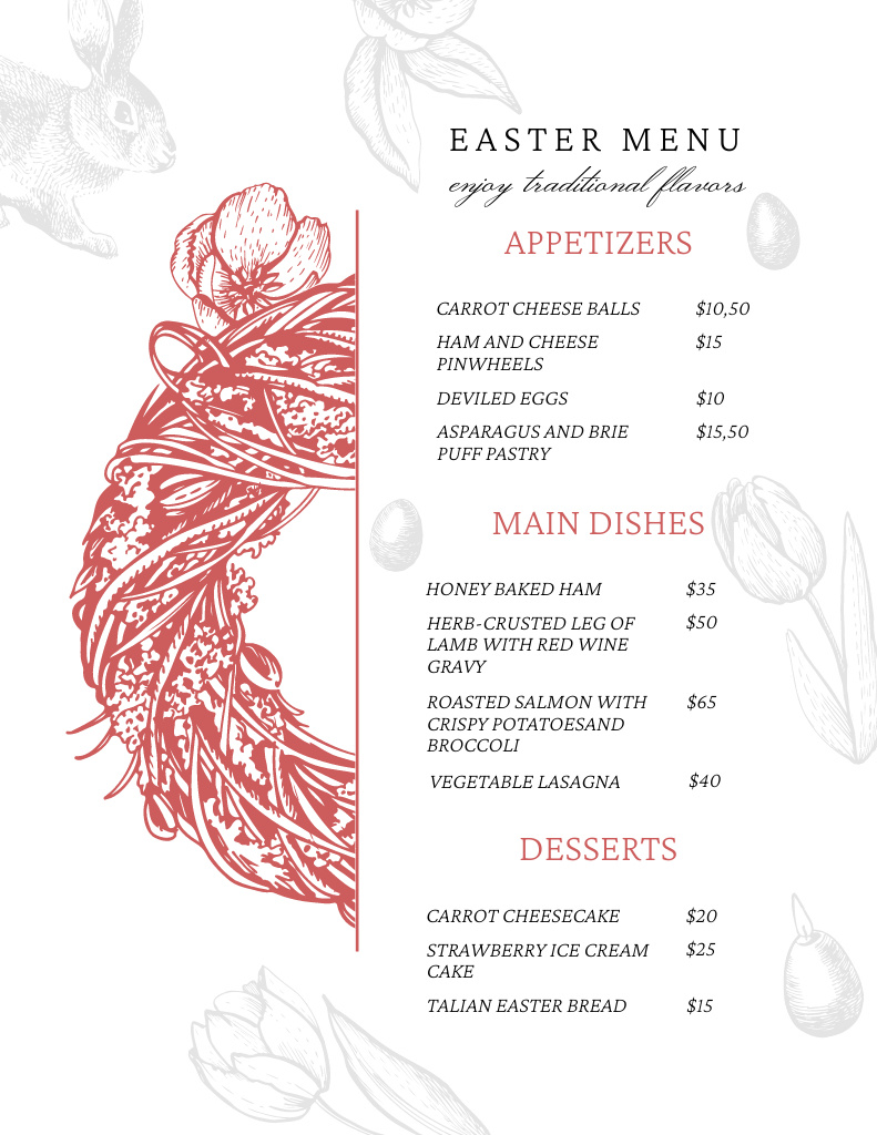 Easter Meals Offer with Sketch of Festive Wreath Menu 8.5x11in Design Template