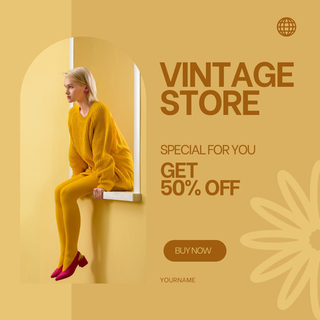 Woman in yellow for vintage store Instagram AD Design Template