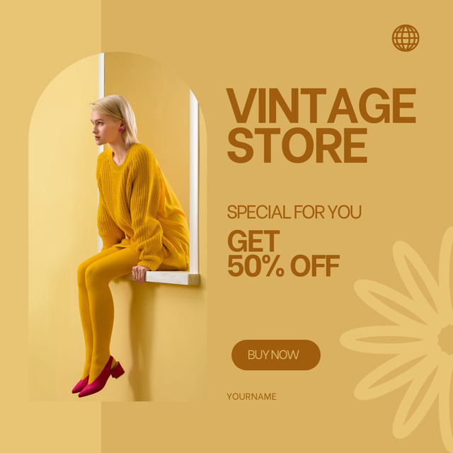 Woman in yellow for vintage store Instagram AD tervezősablon