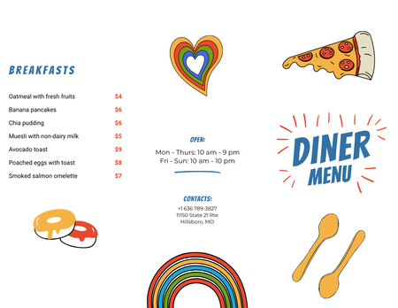 Kuva pizzasta ja luettelo aamiaisista ravintolassa Menu 11x8.5in Tri-Fold Design Template