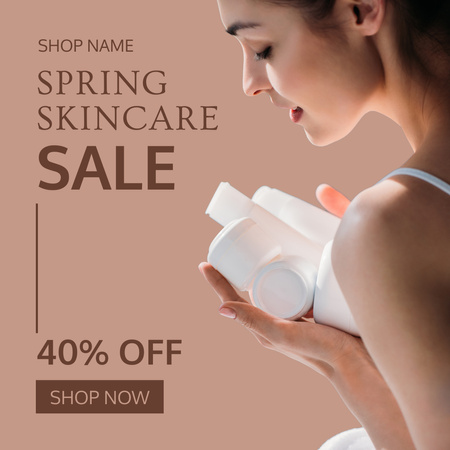 Spring Skin Care Cosmetic Sale with Beautiful Young Woman Instagram AD Design Template