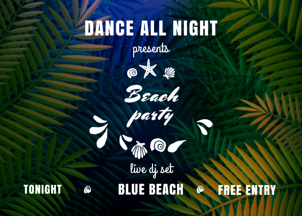 Dance Party Invitation with Palm Tree Leaves Illustration Flyer 5x7in Horizontal – шаблон для дизайна