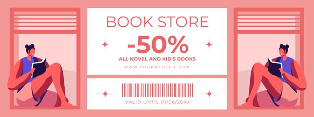 Bookstore Discount Voucher with Readers On Pink Coupon Tasarım Şablonu
