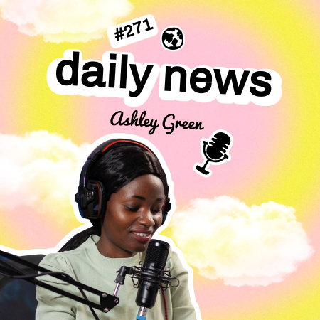 Platilla de diseño News Podcast Announcement with Woman in Studio Podcast Cover