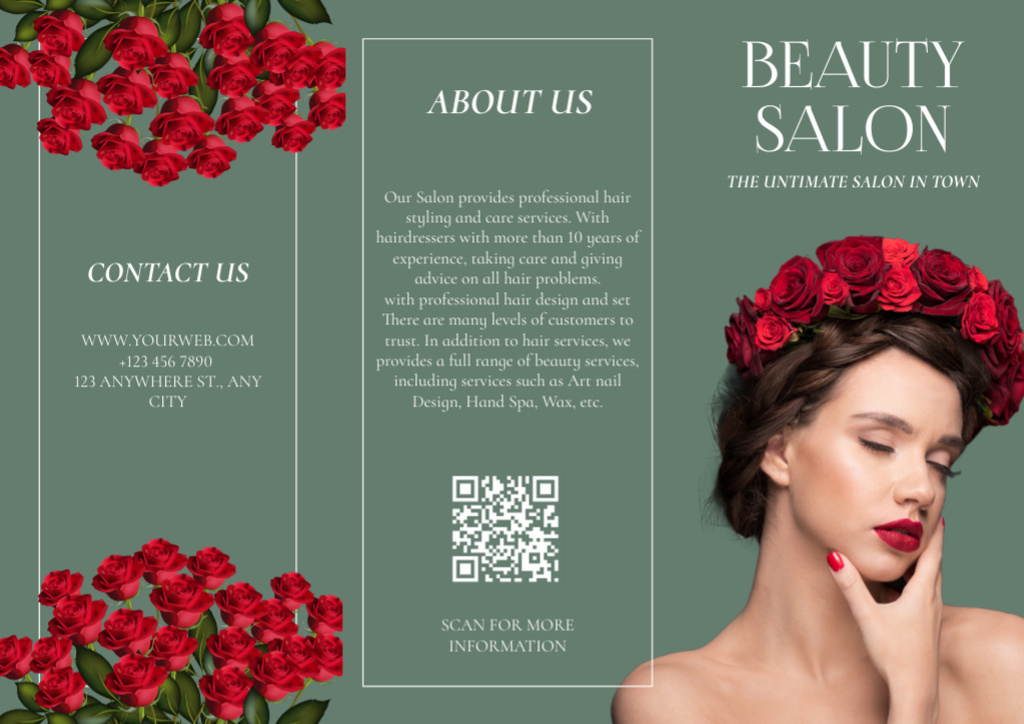 Beauty Salon Ad with Beautiful Woman with Roses Wreath on Head Brochure Modelo de Design