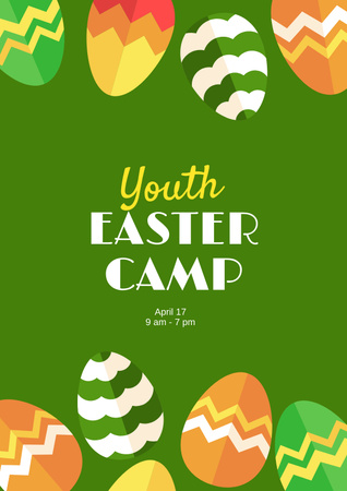 Festett tojások és az ifjúsági húsvéti tábor promóciója zöld színben Poster tervezősablon