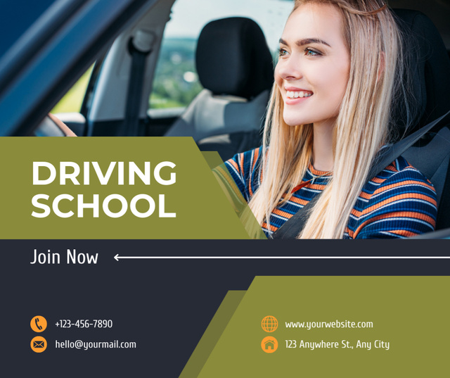 Professional School Offers Car Driving Courses With Contacts Facebook Design Template