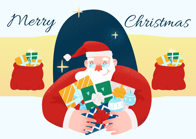 Joyful Christmas Holiday Greeting with Santa Holding Presents Card Design Template