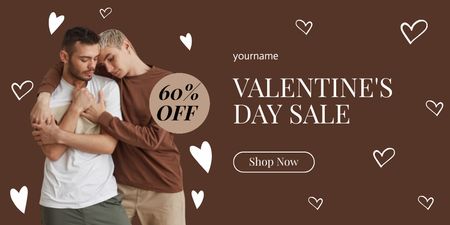 Valentine's Day Discount Offer with Gay Couple in Love Twitter Design Template