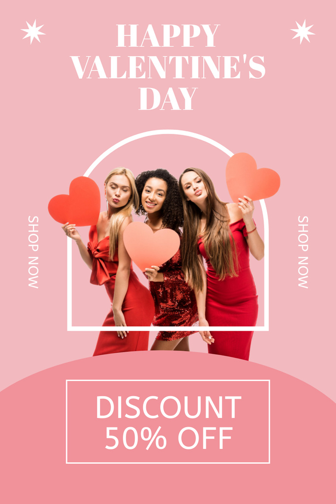 Valentine Day Discount with Happy Young Women Pinterest Design Template