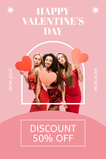 Valentine Day Discount with Happy Young Women Pinterest Tasarım Şablonu