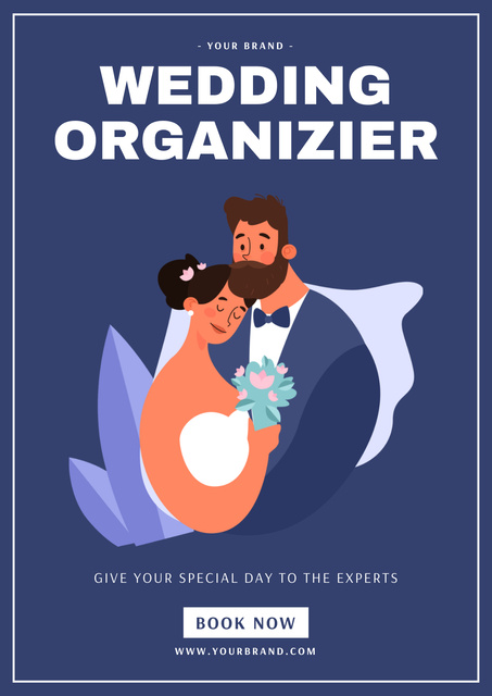 Wedding Planner Services Ad with Cute Couple on Blue Poster Modelo de Design