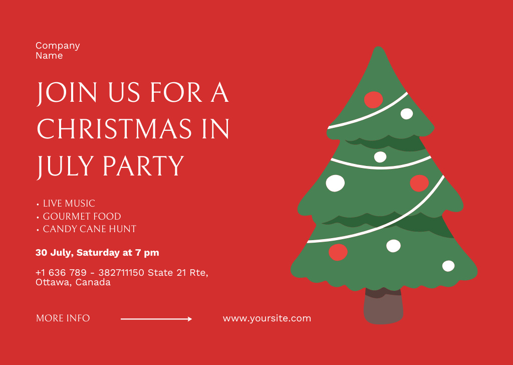 Designvorlage Jolly Christmas Party in July with Christmas Tree on Red für Flyer A6 Horizontal