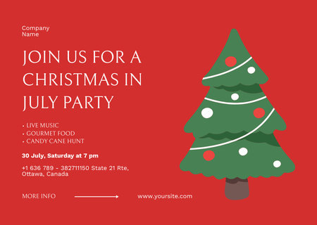 Plantilla de diseño de Jolly Christmas Party en julio con árbol de Navidad en rojo Flyer A6 Horizontal 