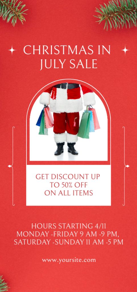 July Christmas Sale Announcement with Santa holding Gifts Flyer DIN Large – шаблон для дизайну