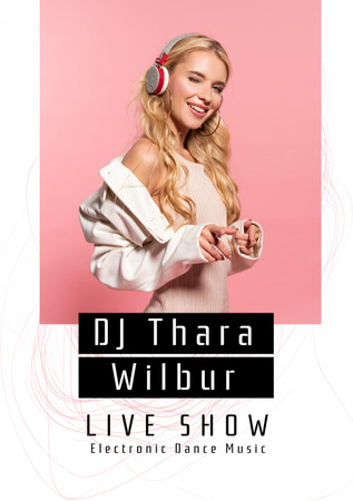Live Show Announcement Woman in Headphones Flyer A5 Tasarım Şablonu