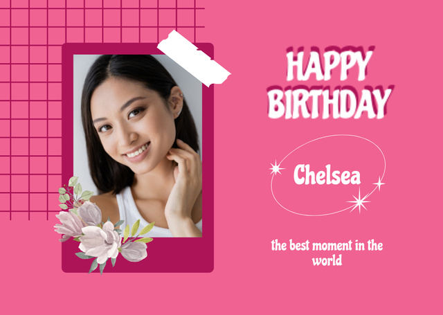 Photo of Asian Birthday Girl on Pink Card Design Template