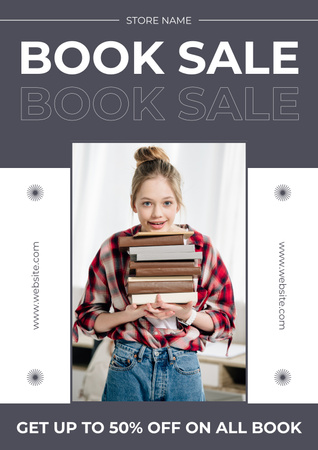 Bookstore Ad with Woman holding Stack of Books Poster Design Template