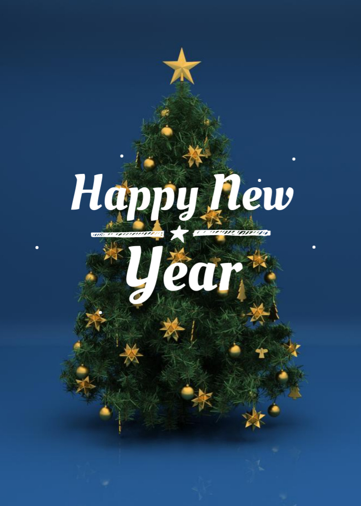 New Year Holiday Greeting with Festive Tree in Blue Postcard 5x7in Vertical Design Template