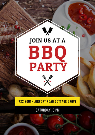 Fun-filled BBQ Party Announcement With Grilled Ribs And Tomatoes Poster Design Template