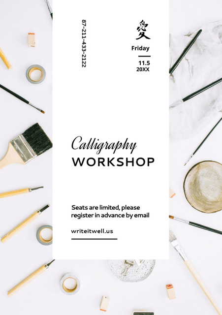 Calligraphy Workshop Announcement with Painting Tools Flyer A5 Πρότυπο σχεδίασης