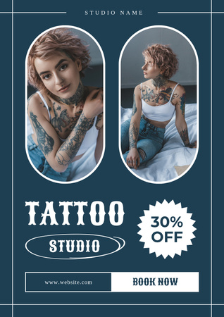 Stylish Tattoo Studio Service With Booking And Discount Poster Πρότυπο σχεδίασης