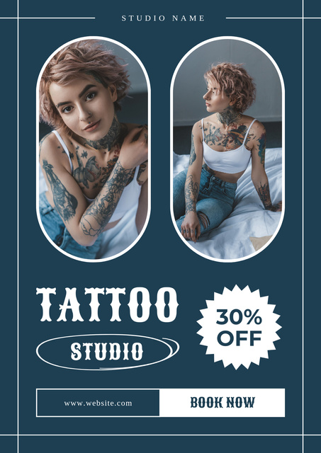 Ontwerpsjabloon van Poster van Stylish Tattoo Studio Service With Booking And Discount