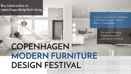 Anúncio do Festival de móveis com interior moderno e elegante em branco Title Modelo de Design