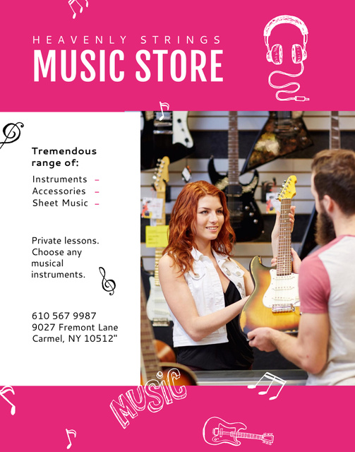 Template di design Expressive Music Store Ad with Seller Chowing Guitar Poster 22x28in