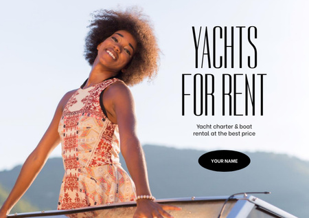 Plantilla de diseño de Beautiful Young African American Woman on Rental Yacht Flyer A5 Horizontal 