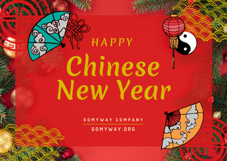 Chinese New Year Greeting with Asian Symbols Card Design Template