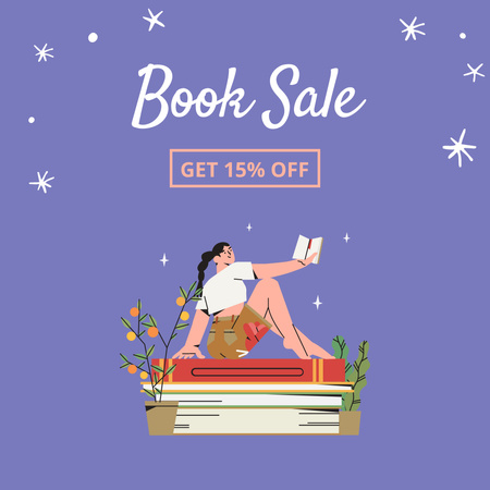 Látványos kiárusítási hirdetmény lila színű könyvekre Instagram tervezősablon