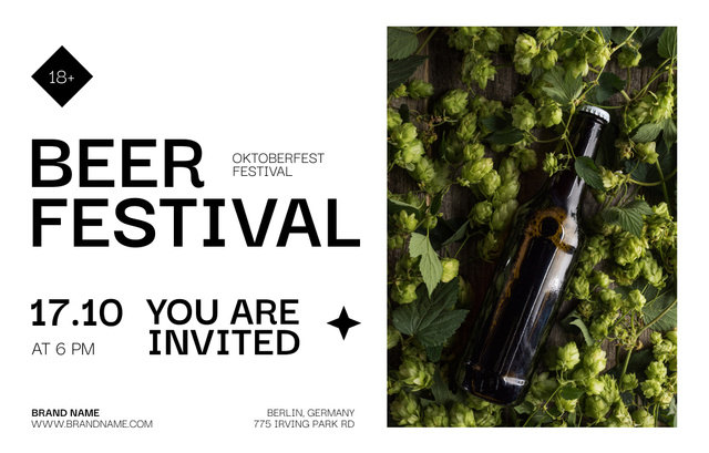 Oktoberfest Celebration Announcement With Bottle in Hop Invitation 4.6x7.2in Horizontal Design Template