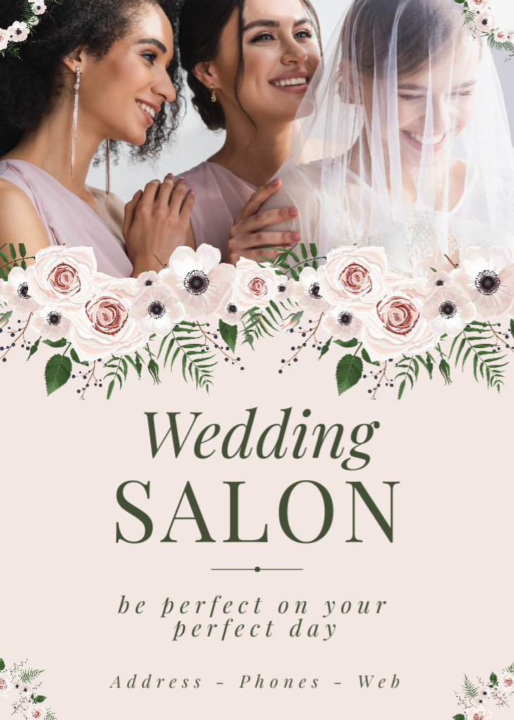 Wedding Salon Ad with Young Bride in Veil with Bridesmaids Flayer Modelo de Design